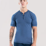 Hyper Stretch Henley In Indigo Blue · Short Sleeve