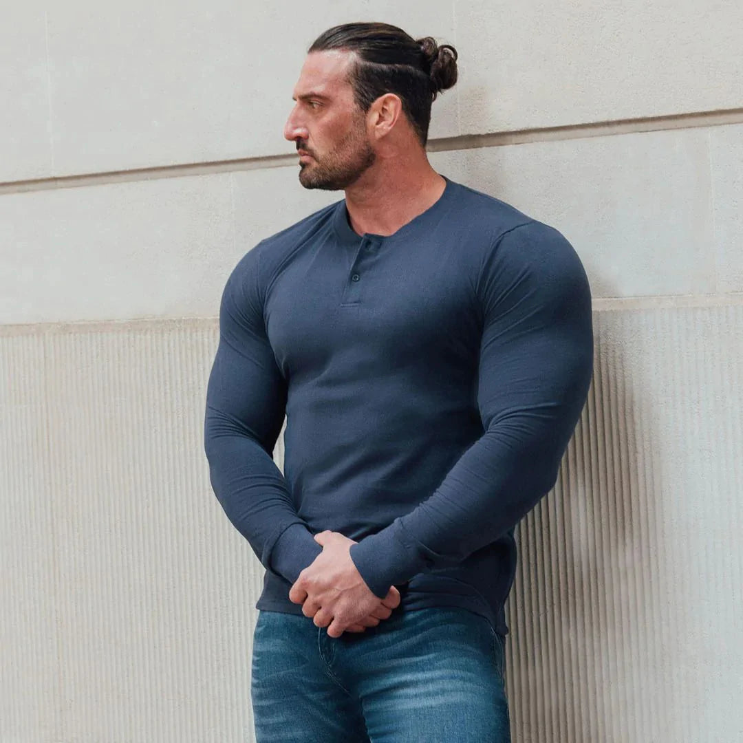 Long Sleeve Henley In Navy Blue [Surplus Sale]